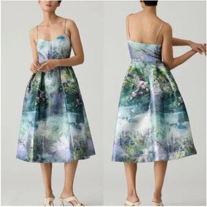 Monique Lhuillier Metallic Sweetheart Dress Garden Painting Watercolor-A7